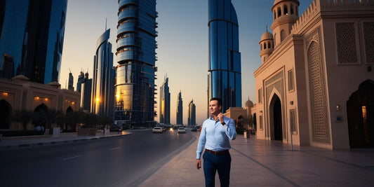 Adrian Ioan Buda, antreprenor român în Dubai, reflectând asupra echilibrului între succesul în afaceri și viața personală, cu arhitectura orașului Dubai în fundal.