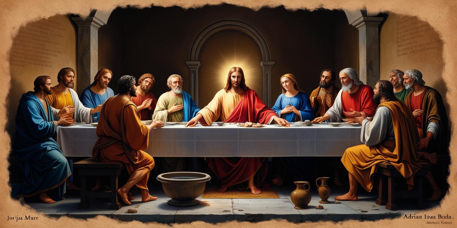 Imagine simbolică a lui Hristos spălând picioarele apostolilor, reprezentând iubirea necondiționată și iertarea – viziunea lui Adrian Ioan Buda asupra Joiei Mari.